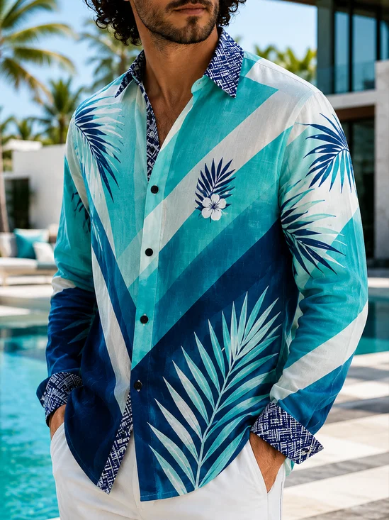 Linen-Texture Abstract Geometric Stripes & Tropical Botanical Print Chest Pocket Long Sleeve Casual Shirt
