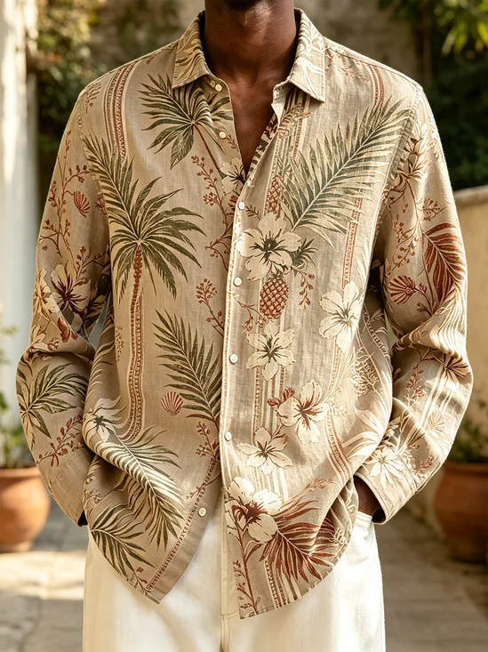 Linen-Texture  Tropical Leaf and Floral Long-Sleeve Casual Shirt