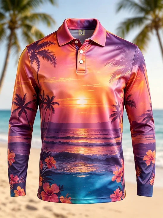 Moisture-Wicking  Gradient Sunset Scene with Palm Trees  Hibiscus Flowers Long-Sleeve Hawaiian Golf Polo