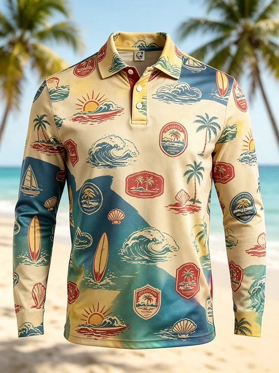 Moisture-Wicking  Gradient Design With Palm Trees Waves And Seashells Long-Sleeve Hawaiian Golf Polo