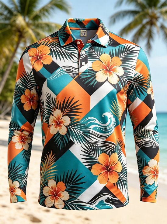 Moisture-Wicking Gradient Tropical Plant Hibiscus And Geometric Leaf Print Long-Sleeve Hawaiian Golf Polo
