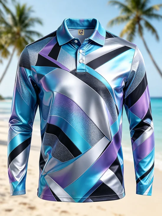 Moisture-Wicking Gradient 3D Abstract Geometric Color-Block Long-Sleeve Hawaiian Golf Polo