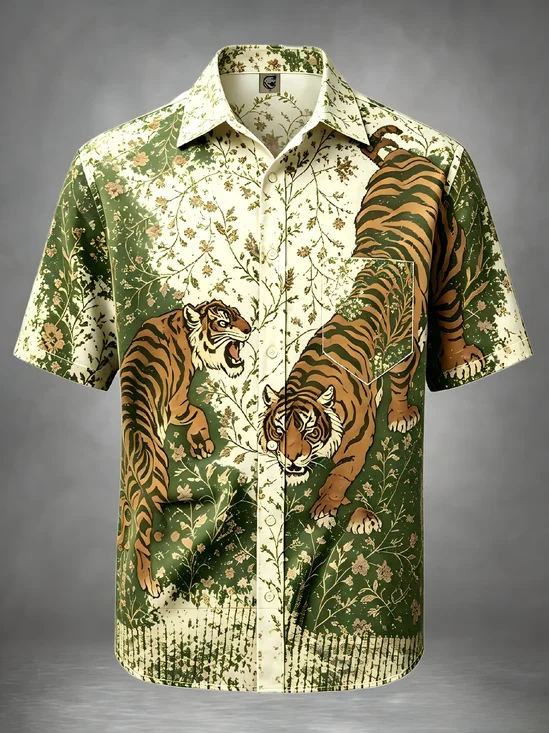 Moisture-Wicking Tiger Chest Pocket Hawaiian Shirt