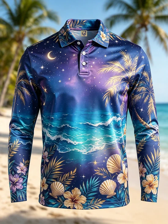 Moisture-Wicking Gradient Seascapes with Seashells Hibiscus Coconut Trees Long-Sleeve Hawaiian Golf Polo