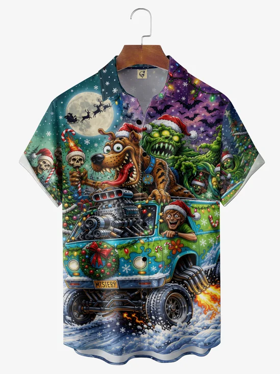 Moisture-Wickng Funky Dog Monster & Custom Car Christmas Chest Pocket Holiday Hawaiian Shirt