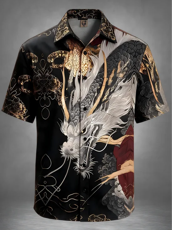 Moisture-Wicking Dinosaur Chest Pocket Hawaiian Shirt
