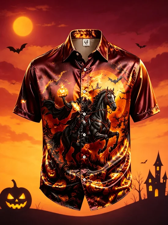 Breathable Silk Satin  Halloween Pumpkin-Head Bat & Headless Horseman Print with Chest Pocket Casual Shirt