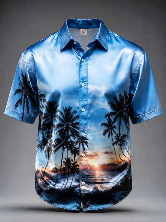 Breathable Silk Satin Sunset Island & Coconut Tree Print  Casual Shirt