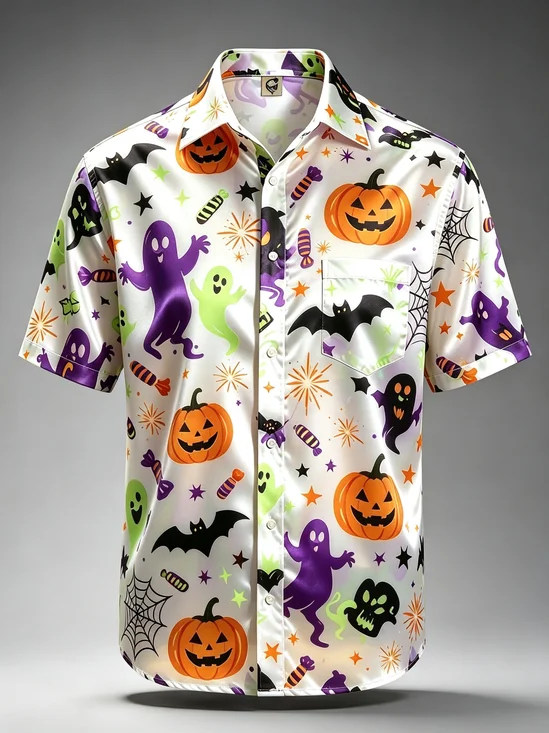 Silk Satin Breathable Gradient Design Halloween Theme Ghosts Pumpkins Spiderwebs Bats Chest Pocket  Hawaiian Shirt