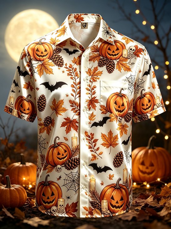 Silk Satin Breathable Gradient Halloween Print Pumpkins Spiderwebs Bats  Chest Pocket Hawaiian Shirt