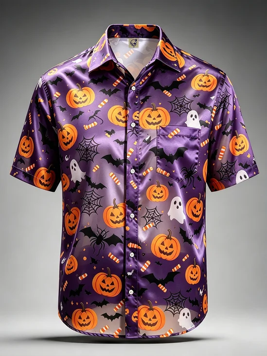 Silk Satin Breathable  Gradient Halloween Print Pumpkins Spiderwebs Bats Chest Pocket Hawaiian Shirt