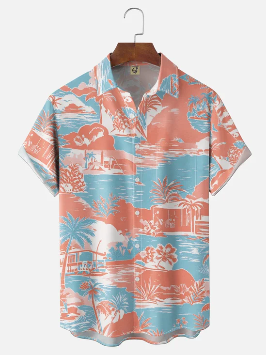Moisture-Wicking Gradient Palm Tree Beach  Chest Pocket Hawaiian Shirt