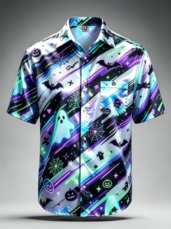 Silk Satin Breathable  Gradient Design Halloween Theme Ghosts, Pumpkins Spiderwebs Bats Chest Pocket Hawaiian Shirt