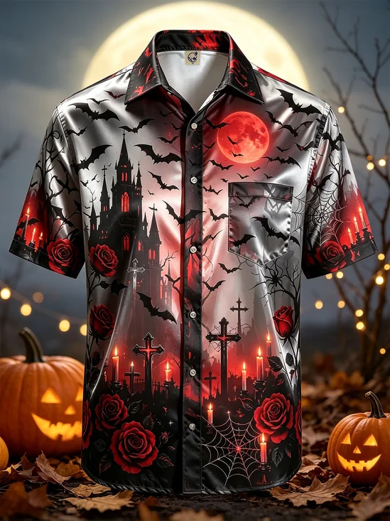 Silk Satin Breathable  Gradient-Color Halloween-ThemedCastle Pumpkin And Rose Print  Chest Pocket Hawaiian Shirt