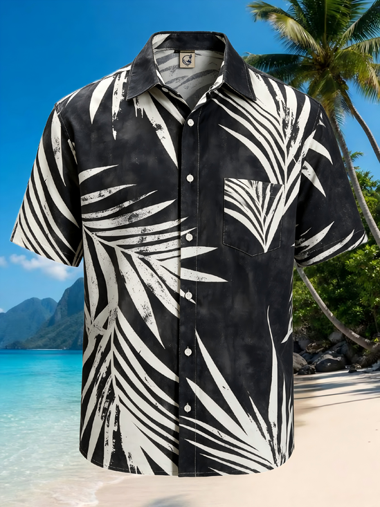 Moisture-Wicking Minimalist Black White Palm Leaf Chest Pocket Hawaiian Shirt