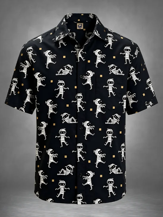 Moisture-Wicking Halloween Mummy Chest Pocket Hawaiian Shirt