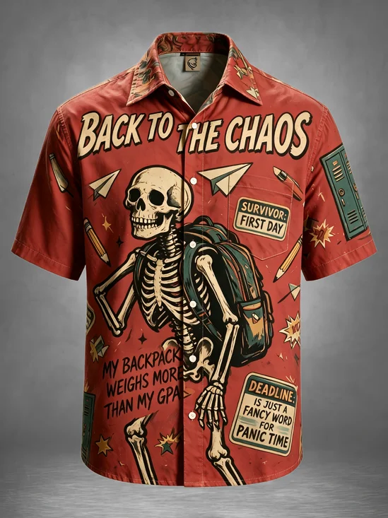 Moisture-Wicking Back-To-School Season Skull Humorous Funny Chest Pocket Hawaiian Shirt