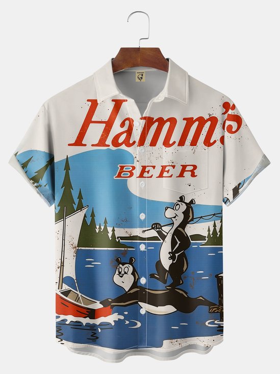 Big Size Moisture-wicking Cartoon Beer Chest Pocket Casual Shirt