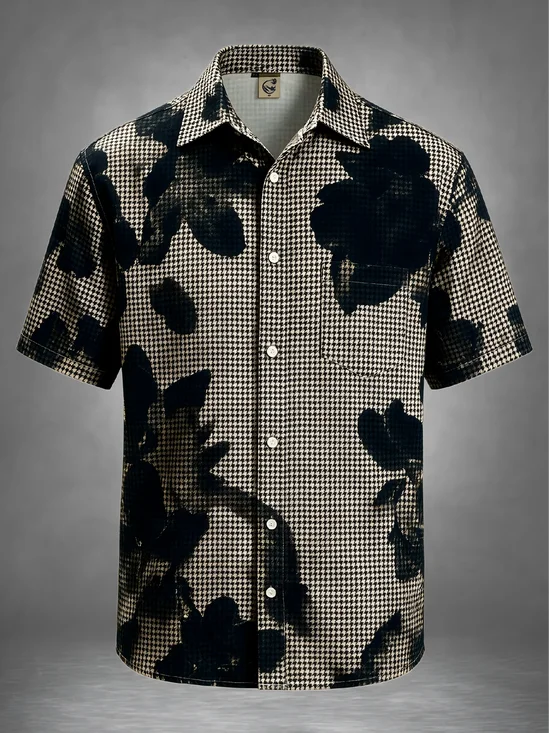 Moisture-Wicking Houndstooth Ink Wash Abstract Florals Chest Pocket Hawaiian Shirt