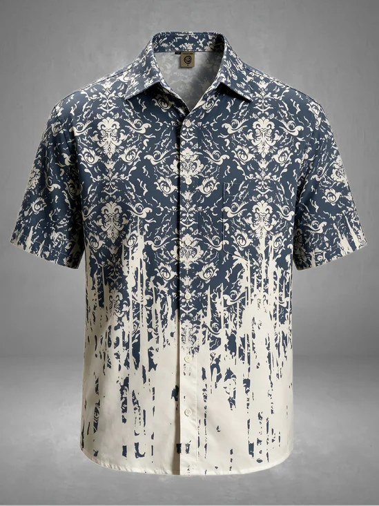 Moisture-Wicking Random Print Geometric Chest Pocket Hawaiian Shirt