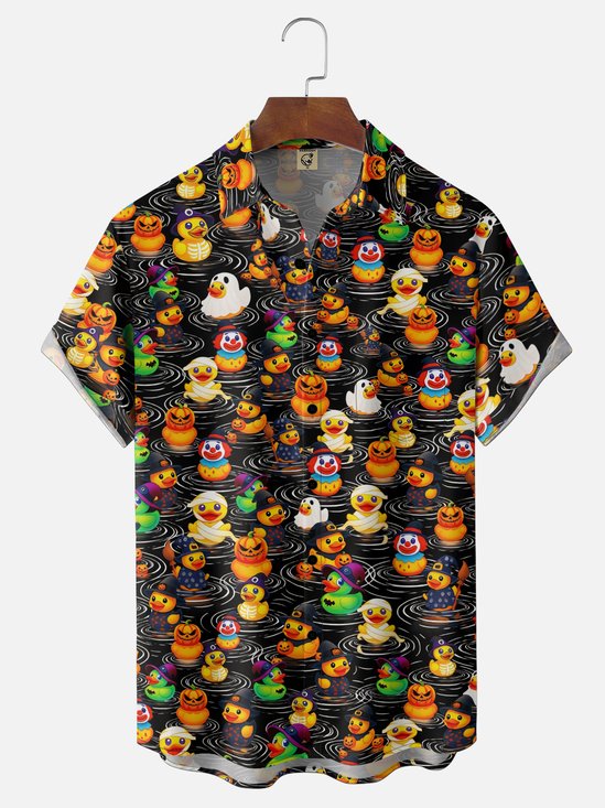 Moisture-Wicking Gradient Halloween Rubber Duck & Pumpkin Print  Chest Pocket Hawaiian Shirt