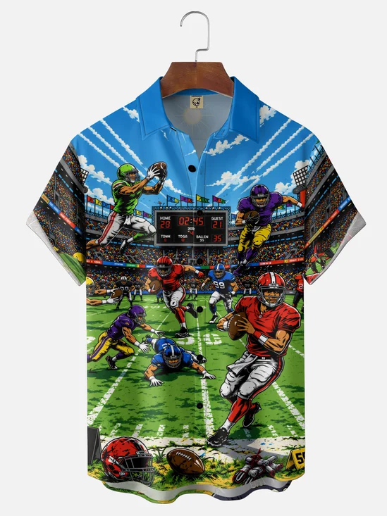 Moisture-Wicking Gradient-Color Football-Themed Chest Pocket Hawaiian Shirt