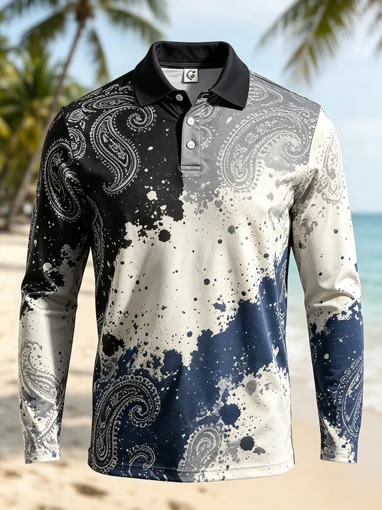 Moisture-Wicking Gradient Paisley Long-Sleeve Hawaiian Golf Polo