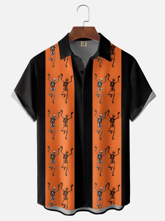 Moisture-Wicking Gradient Halloween Dancing Skeleton Chest Pocket Hawaiian Shirt