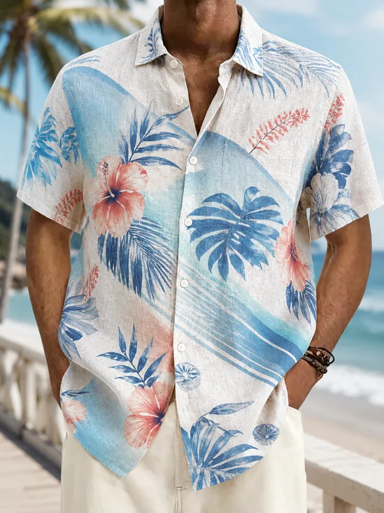 Linen-Texture Tropical Stripe Botanical Leaf Print Chest Pocket Casual Shirt