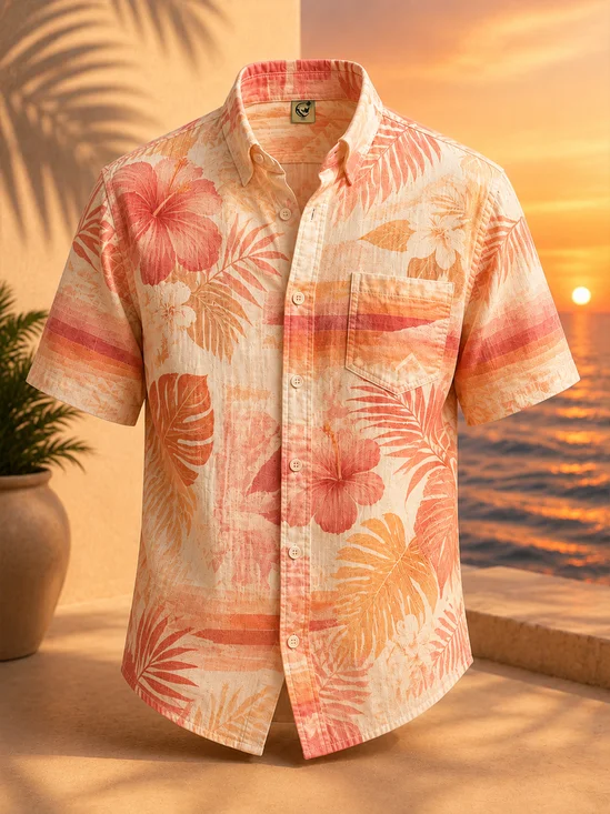 Linen-Texture Tropical Leaf & Floral Gradient Print Chest Pocket Casual Shirt