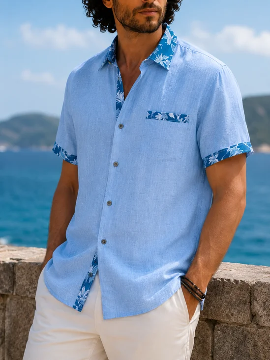 Linen-Texture Solid-Color Paneling Tropical Leaf Print Chest Pocket  Casual Shirt