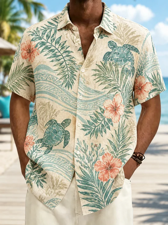Linen-Texture  Tropical Foliage and Sea Turtle Chest Pocket Casual Shirt