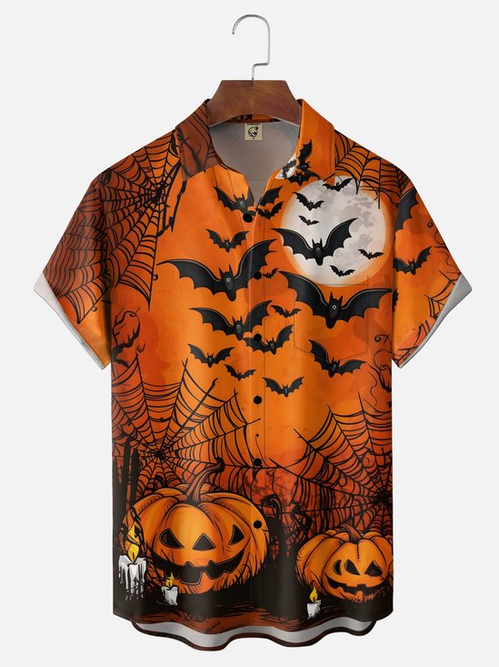 Moisture-Wicking Halloween-Themed Spiderweb Bat and Pumpkin Designs Chest Pocket  Hawaiian Shirt