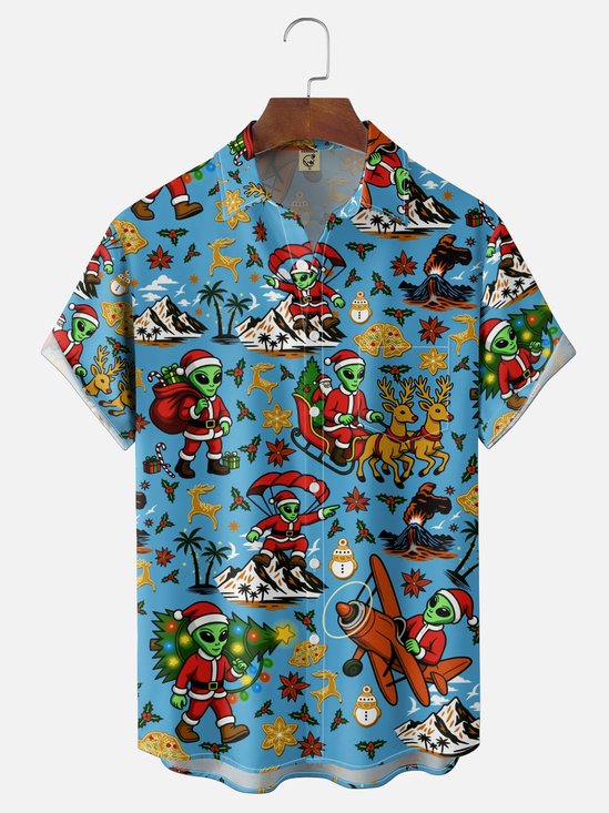 Moisture-Wicking Gradient  Christmas Hat Alien Christmas Tree And Reindeer Snowflake Print Chest Pocket  Hawaiian Shirt