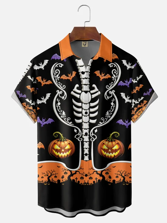 Moisture-Wicking Gradient Halloween Print Skulls Pumpkins Bats  Chest Pocket Hawaiian Shirt