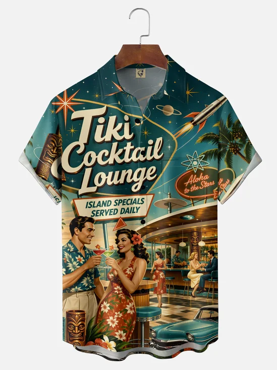 Moisture-Wicking Tropical Tiki Wood Carvings Palm Trees  Island Cocktails Print with Chest Pocket Hawaiian Shirt