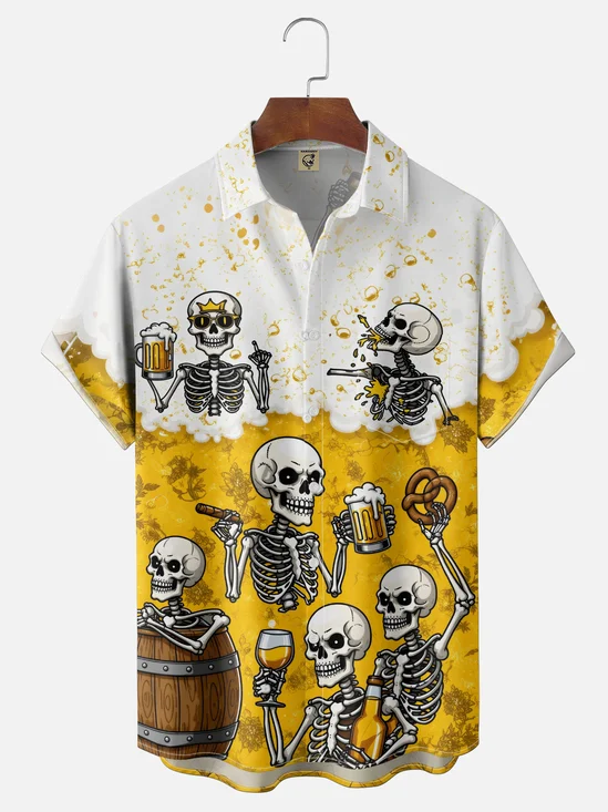 Moisture-Wicking Gradient Skull-Themed Oktoberfest Chest Pocket  Hawaiian Shirt