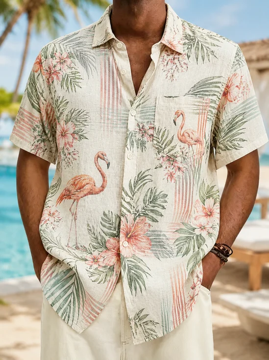 Linen-Texture Tropical Leaf and Flamingo Chest Pocket  Casual Shirt