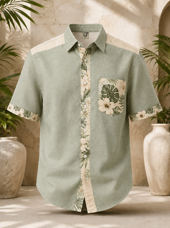 Linen-Texture Solid-Color Paneling Tropical Leaf Print Chest Pocket Casual Shirt