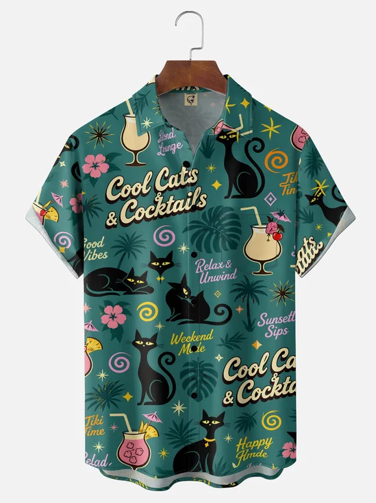 Moisture-Wicking "Cool Cats & Cocktails"  Chest Pocket Hawaiian Shirt