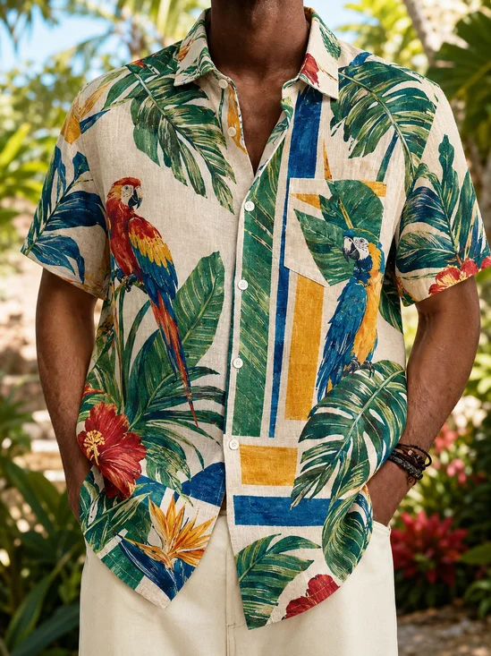 Linen-Texture  Tropical Foliage Floral and Parrot Print Chest Pocket Casual Shirt