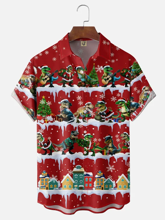 Moisture-Wicking  Gradient Print Featuring Dinosaurs In Santa Hats Christmas Trees And Snowflakes  Chest Pocket Hawaiian Shirt