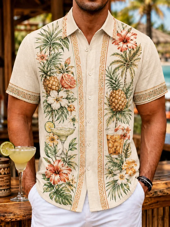 Linen-Texture  Tropical Stripes Foliage and Pineapple Cocktail Print Guayabera Shirt