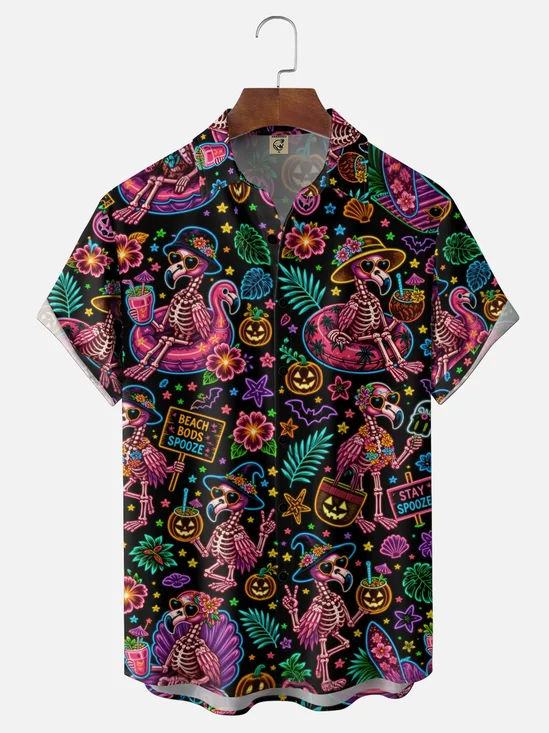 Moisture-Wicking GradientHalloween Themes Skull Flamingo Pumpkin Floral Bat Chest Pocket  Hawaiian Shirt