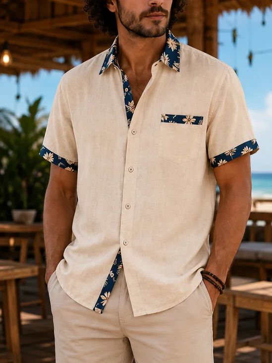 Linen-Texture  Solid-Color Paneling Tropical Leaf Print Chest Pocket Casual Shirt