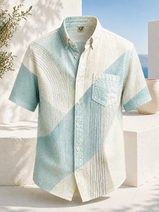 Linen-Texture Geometric Stripe & Color-Block  Chest Pocket Casual Shirt