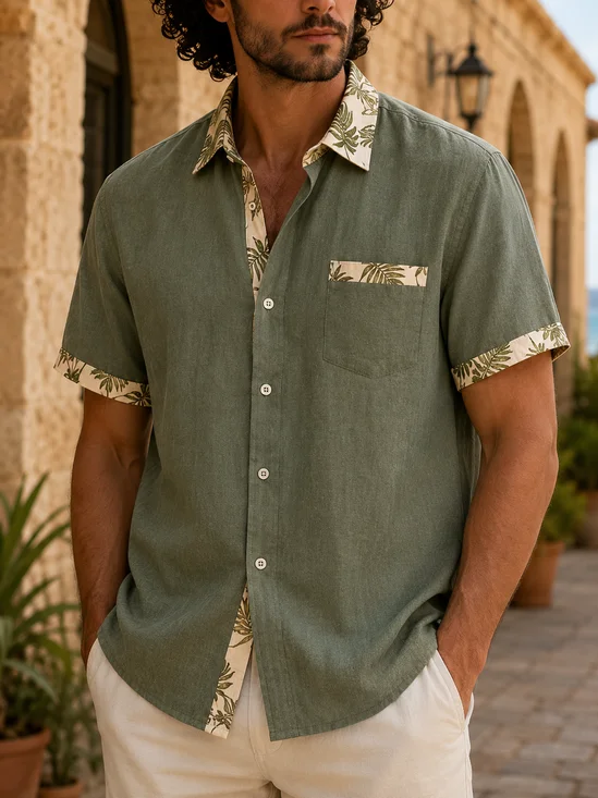 Linen-Texture  Solid-Color Paneling Tropical Leaf Print Chest Pocket Casual Shirt