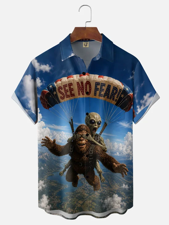 Moisture-Wicking Fun Bigfoot Alien Parachute Chest-Pocket Hawaiian Shirt