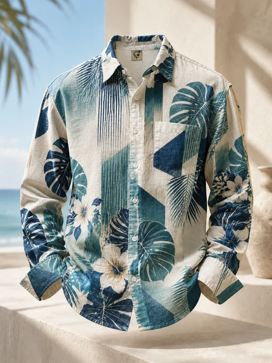 Linen-Texture Tropical Stripe & Leaf Print and Chest Pocket Casual Long-Sleeve Shirt