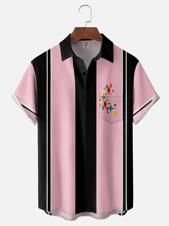 Moisture-Wicking Gradient Geometric Color-Block Chest Pocket Bowling Shirt
